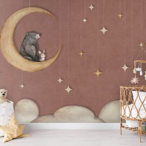 Φωτοταπετσαρία Bear on the Moon Red σε παιδικό δωμάτιο με ψάθινη κούνια