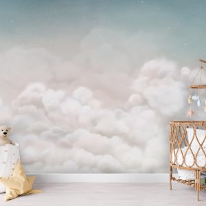 Φωτοταπετσαρία Calming Clouds Blue σε παιδικό δωμάτιο με ψάθινη κούνια