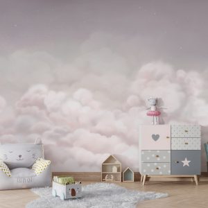 Φωτοταπετσαρία Calming Clouds Pink σε παιδικό δωμάτιο με πολυθρόνα και συρταριέρα