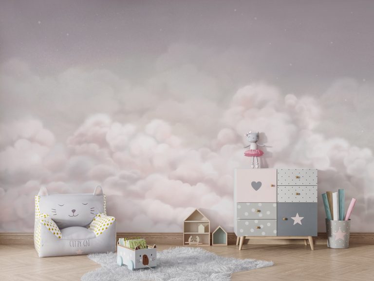 Φωτοταπετσαρία Calming Clouds Pink σε παιδικό δωμάτιο με πολυθρόνα και συρταριέρα