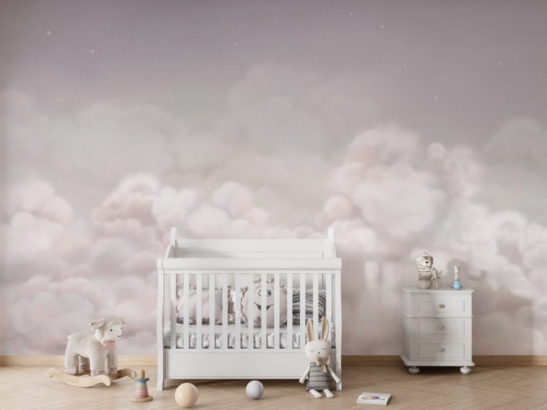 Φωτοταπετσαρία Calming Clouds Pink σε παιδικό δωμάτιο με λευκή κούνια