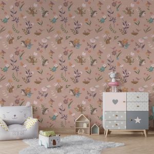 Φωτοταπετσαρία Cute Forest Pink σε παιδικό δωμάτιο με πολυθρόνα και συρταριέρα