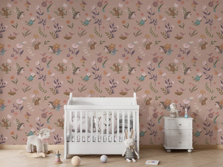 Φωτοταπετσαρία Cute Forest Pink σε παιδικό δωμάτιο με λευκή κούνια