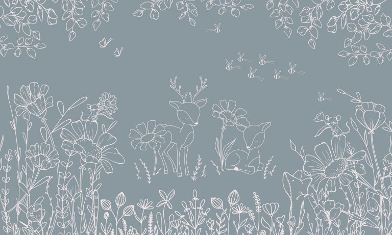 Φωτοταπετσαρία Deer Doodles Blue — γραμμικά λουλούδια και ελάφια σε μπλε