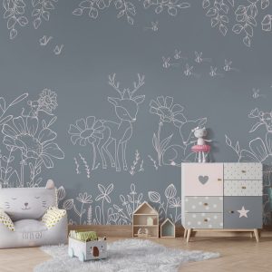 Φωτοταπετσαρία Deer Doodles Blue σε παιδικό δωμάτιο με πολυθρόνα και συρταριέρα