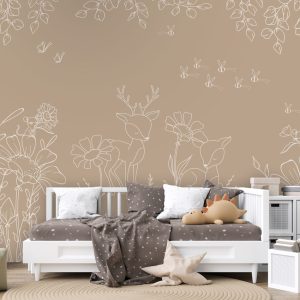 Φωτοταπετσαρία Deer Doodles Brown σε παιδικό δωμάτιο με καναπέ