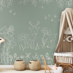 Φωτοταπετσαρία Deer Doodles Green σε παιδικό δωμάτιο με κούνια από μπαμπού
