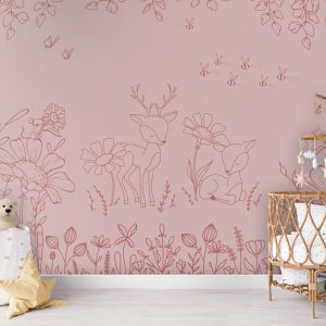 Φωτοταπετσαρία Deer Doodles Pink Dark σε παιδικό δωμάτιο με ψάθινη κούνια