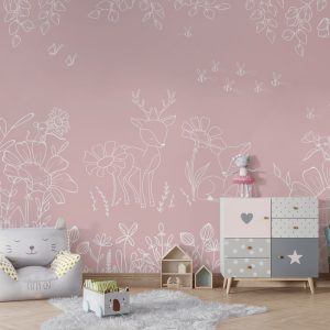 Φωτοταπετσαρία Deer Doodles Pink σε παιδικό δωμάτιο με πολυθρόνα και συρταριέρα