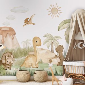 Φωτοταπετσαρία Dino Baby σε παιδικό δωμάτιο με κούνια από μπαμπού