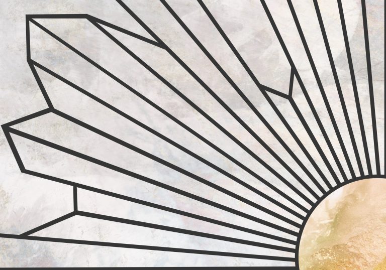 Φωτοταπετσαρία Γεωμετρικός Ήλιος Art Deco — μαύρες ακτίνες σε λευκό φόντο με έναν χρυσό δίσκο στη βάση, σε ύφος art deco
