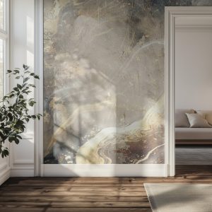 Φωτοταπετσαρία Ρευστός Χρυσός σε Μπεζ τοποθετημένη σε τοίχο δωματίου