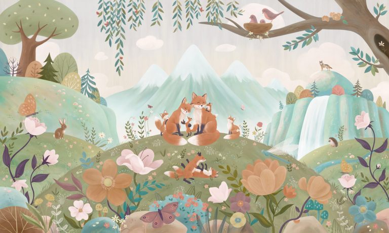 Φωτοταπετσαρία Fox Family — οικογένεια αλεπούδων ανάμεσα σε λουλούδια και βουνά