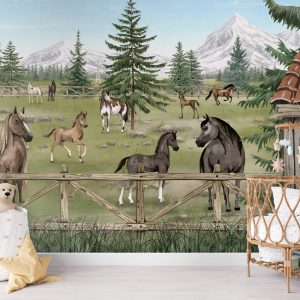 Φωτοταπετσαρία Horse Haven σε παιδικό δωμάτιο με ψάθινη κούνια