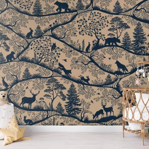 Φωτοταπετσαρία Nordic Nature Beige Blue σε παιδικό δωμάτιο με ψάθινη κούνια