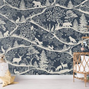 Φωτοταπετσαρία Nordic Nature Blue White σε παιδικό δωμάτιο με ψάθινη κούνια