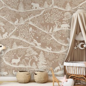 Φωτοταπετσαρία Nordic Nature Brown White σε παιδικό δωμάτιο με κούνια από μπαμπού
