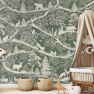 Φωτοταπετσαρία Nordic Nature Green White σε παιδικό δωμάτιο με κούνια από μπαμπού