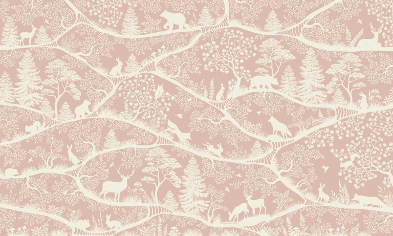 Φωτοταπετσαρία Nordic Nature Pink White — νορδικό δάσος με ζώα σε ροζ και λευκό