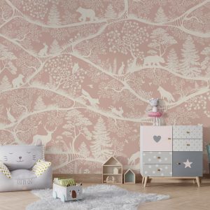 Φωτοταπετσαρία Nordic Nature Pink White σε παιδικό δωμάτιο με πολυθρόνα και συρταριέρα