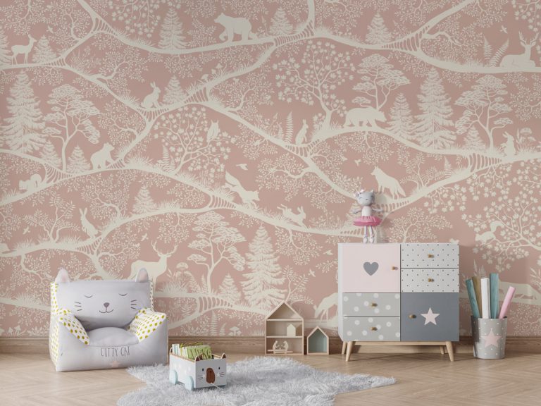 Φωτοταπετσαρία Nordic Nature Pink White σε παιδικό δωμάτιο με πολυθρόνα και συρταριέρα