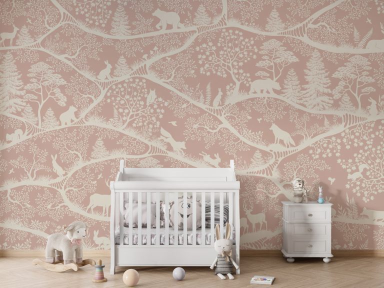 Φωτοταπετσαρία Nordic Nature Pink White σε παιδικό δωμάτιο με λευκή κούνια