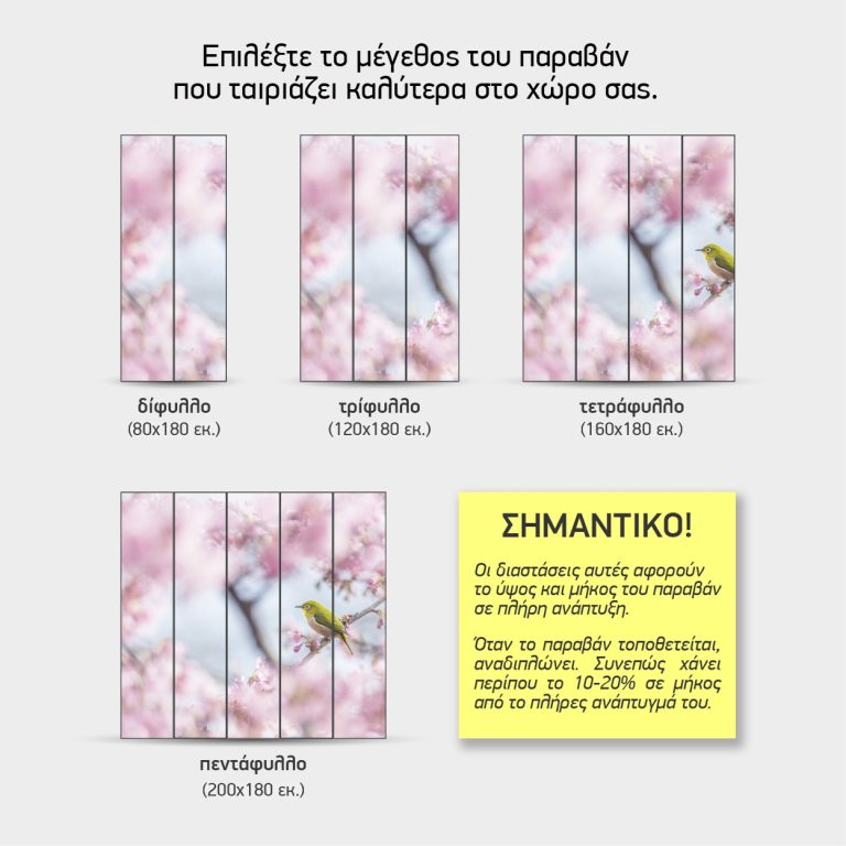 Μεγέθη παραβάν Πουλάκι στα Ροζ Άνθη — δίφυλλο έως πεντάφυλλο
