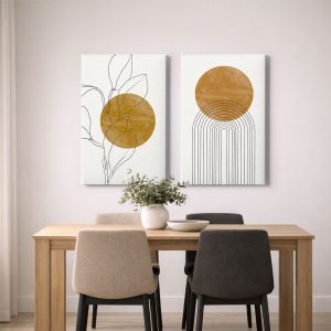 Ώχρα Ήλιος & Φύλλα — σύνθεση πινάκων σε καμβά σε χώρο