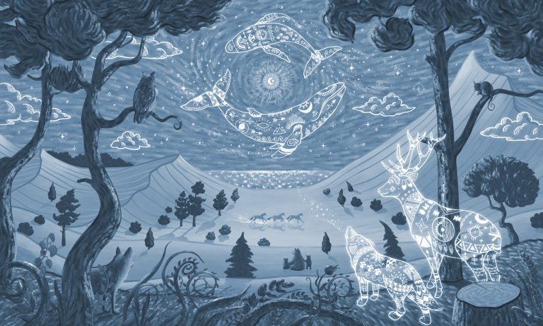 Φωτοταπετσαρία Spirit Night Blue — νυχτερινό τοπίο με ζώα-πνεύματα σε μπλε