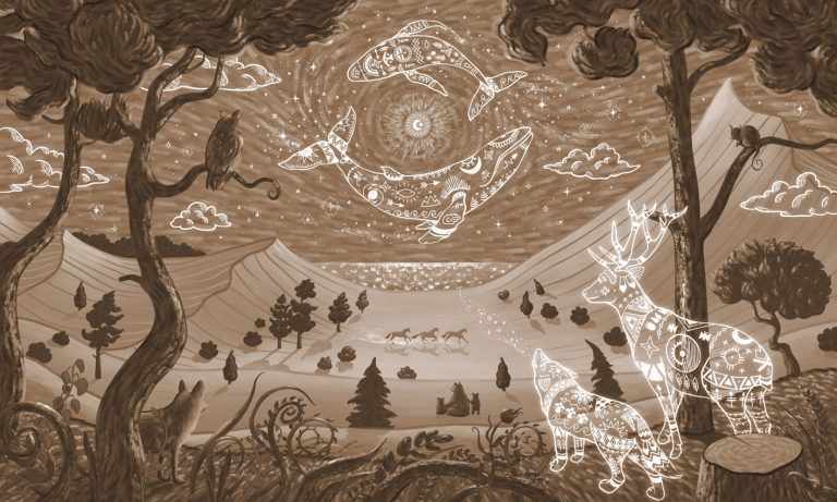 Φωτοταπετσαρία Spirit Night Brown — νυχτερινό τοπίο με ζώα-πνεύματα σε καφέ