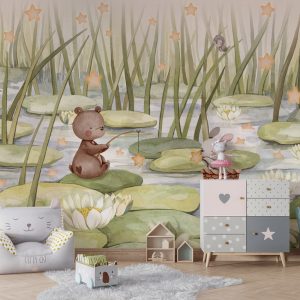 Φωτοταπετσαρία Starry Pond σε παιδικό δωμάτιο με πολυθρόνα και συρταριέρα