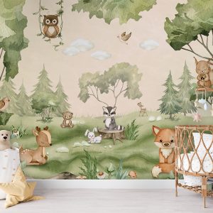 Φωτοταπετσαρία Woodland Joy σε παιδικό δωμάτιο με ψάθινη κούνια